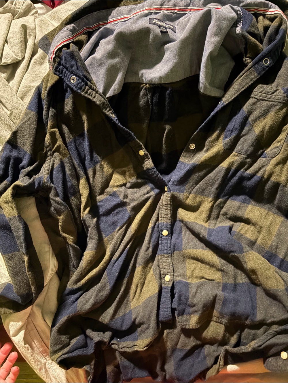 Hooded Flannel Shirt Jacket in Olive & Navy Plaid